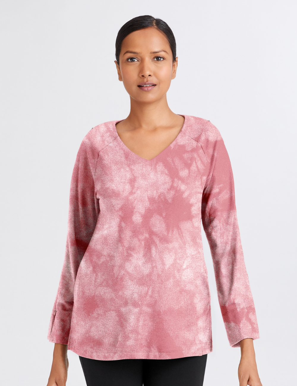 Pink women's arm access shirt, crafted for convenience and style in medical environments.