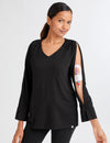 Women's arm access shirt in black, designed for comfort and easy medical access
