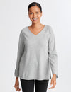 Women's arm access shirt in heather gray, offering style and practicality for medical use