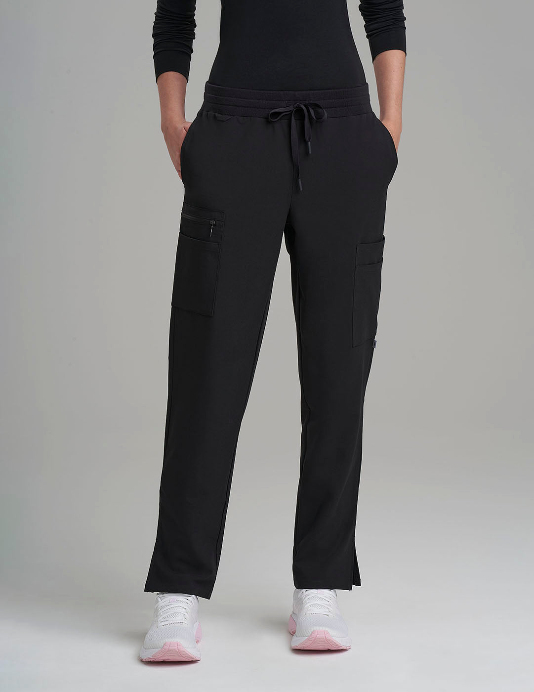 Women&#39;s straight leg scrub pants in black, featuring a sleek design and versatile utility for medical settings