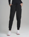 Women's jogger scrub pants in black, offering a sleek and professional look with versatile utility