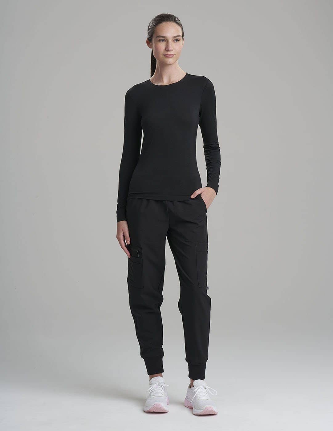 Comfortable and versatile gray long sleeve Luxe underscrub shirt, ideal for professional layering.