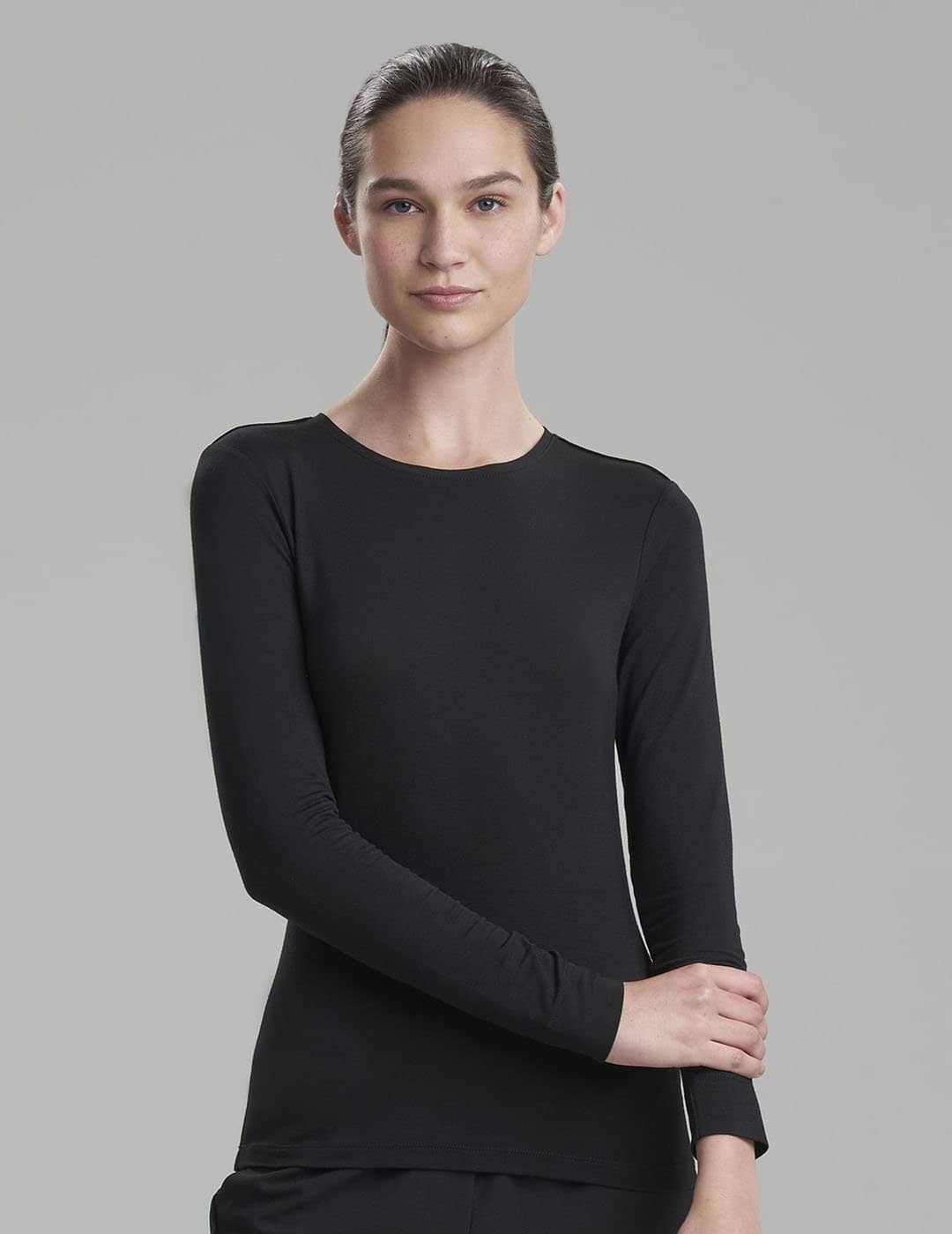 Comfortable and versatile gray long sleeve Luxe underscrub shirt, ideal for professional layering.