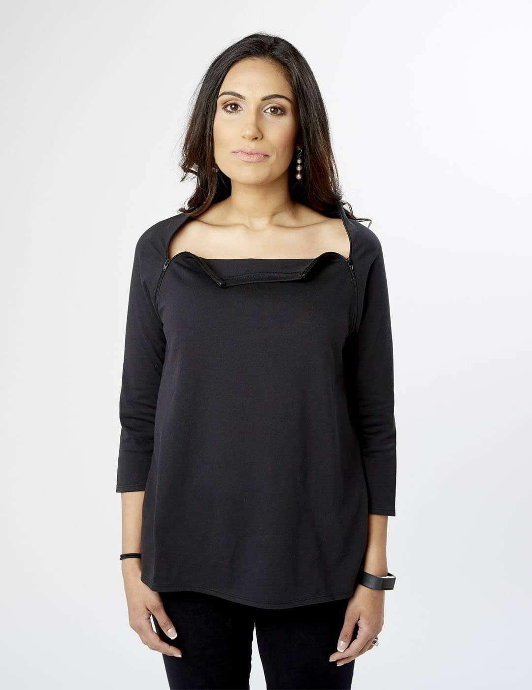 Women&#39;s Dual Chest Chemo Port Access Shirt Black Open| Care+Wear