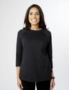Women's chest port access shirt in black, featuring a sleek and discreet design for healthcare settings