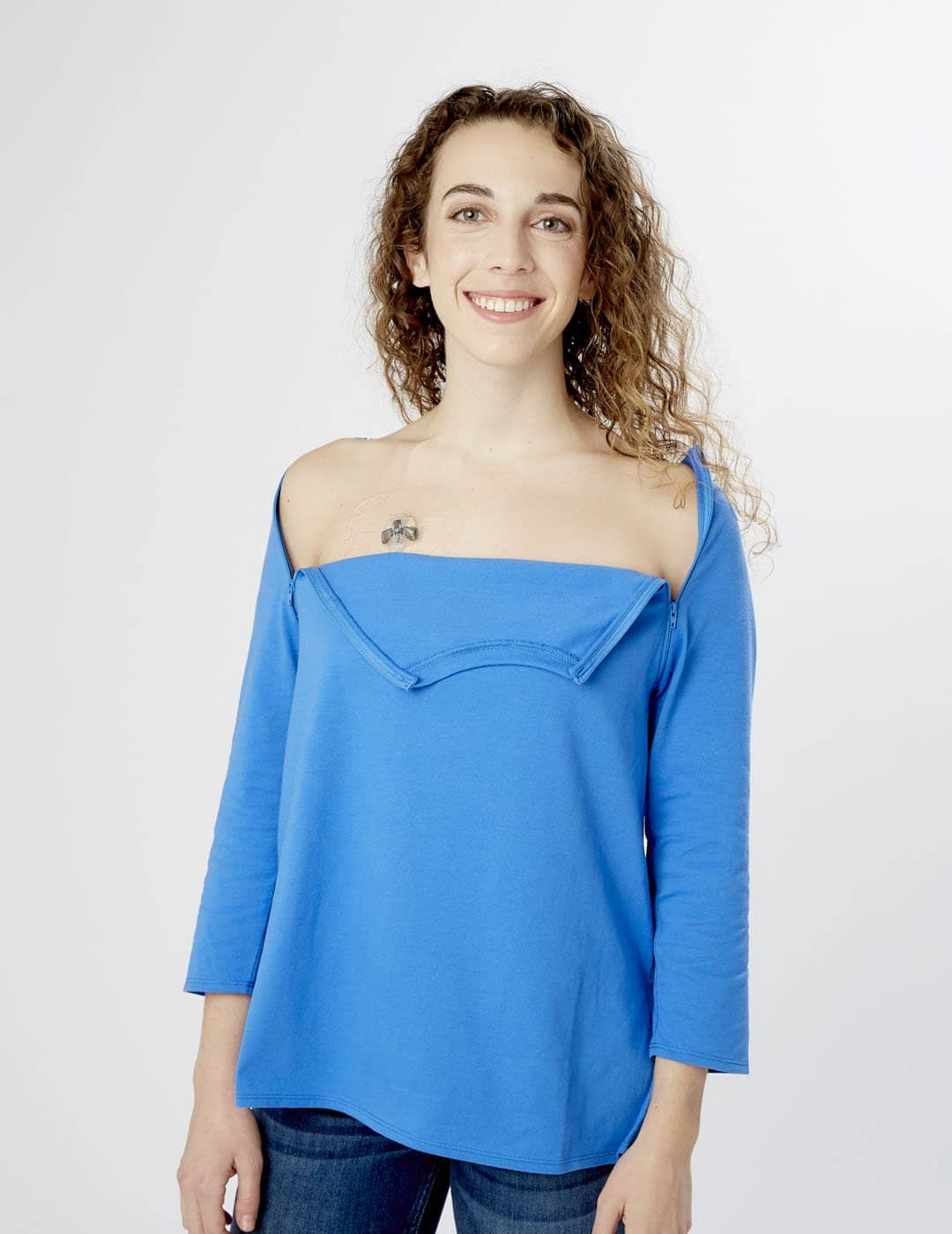 Women&#39;s Dual Chest Chemo Port Access Shirt Nebulas Blue Open | Care+Wear