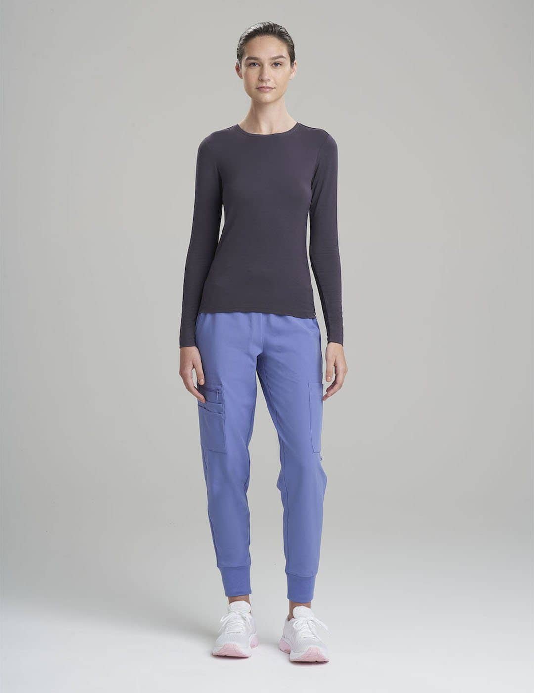 Women's Luxe long sleeve underscrub shirt in gray, offering a sleek design with premium fabric.