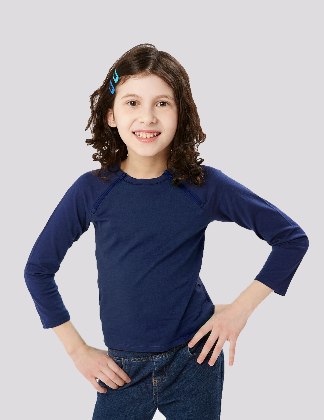 Stylish navy Kids Chest Port Access Shirt by Care+Wear, combining child-friendly design with convenient medical access features. Model is wearing size Small