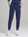 Women's jogger scrub pants in navy, providing a timeless design with versatile utility for medical use