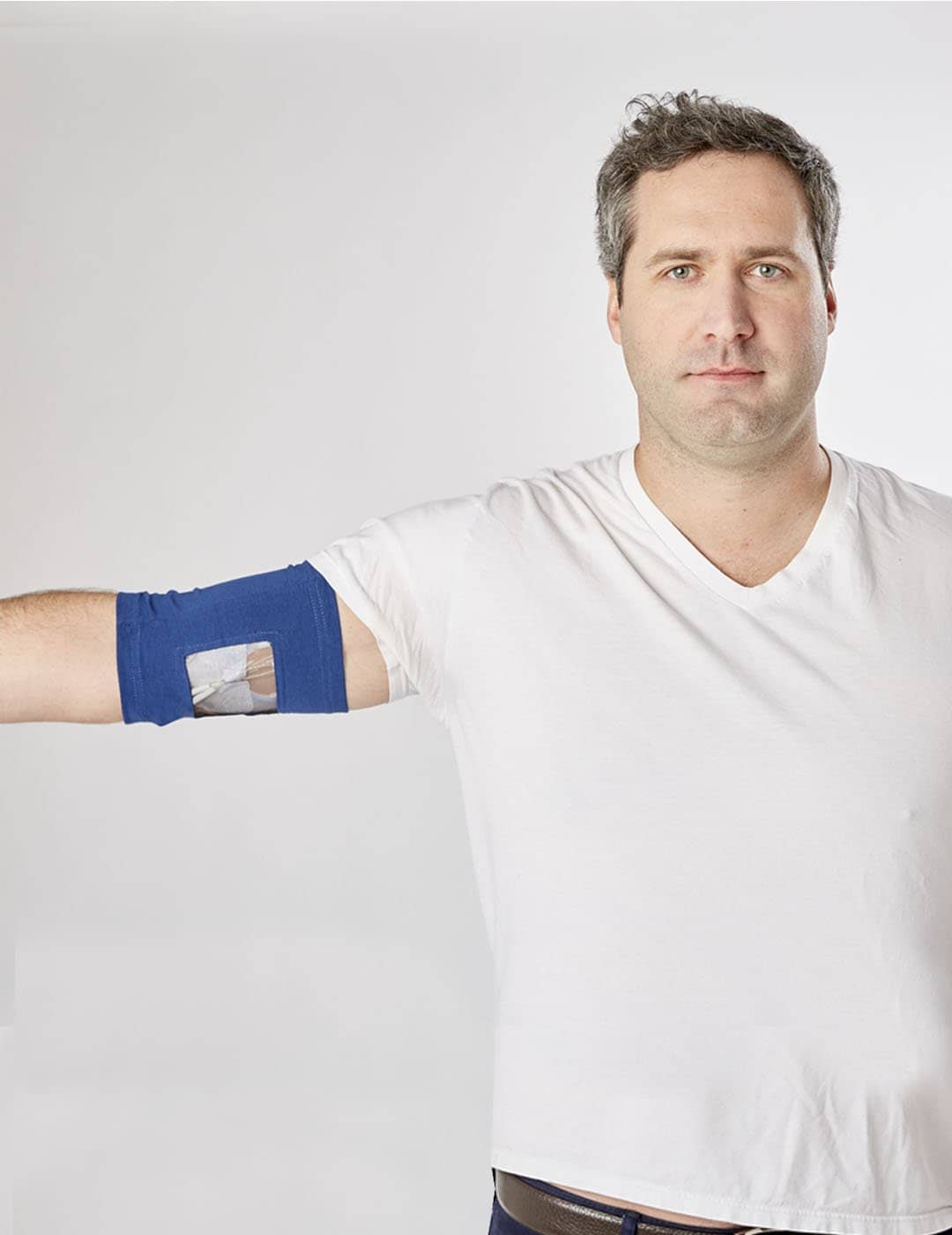 Elegant marine blue PICC Line Cover from Care+Wear, providing secure, hygienic care with a touch of nautical charm.
