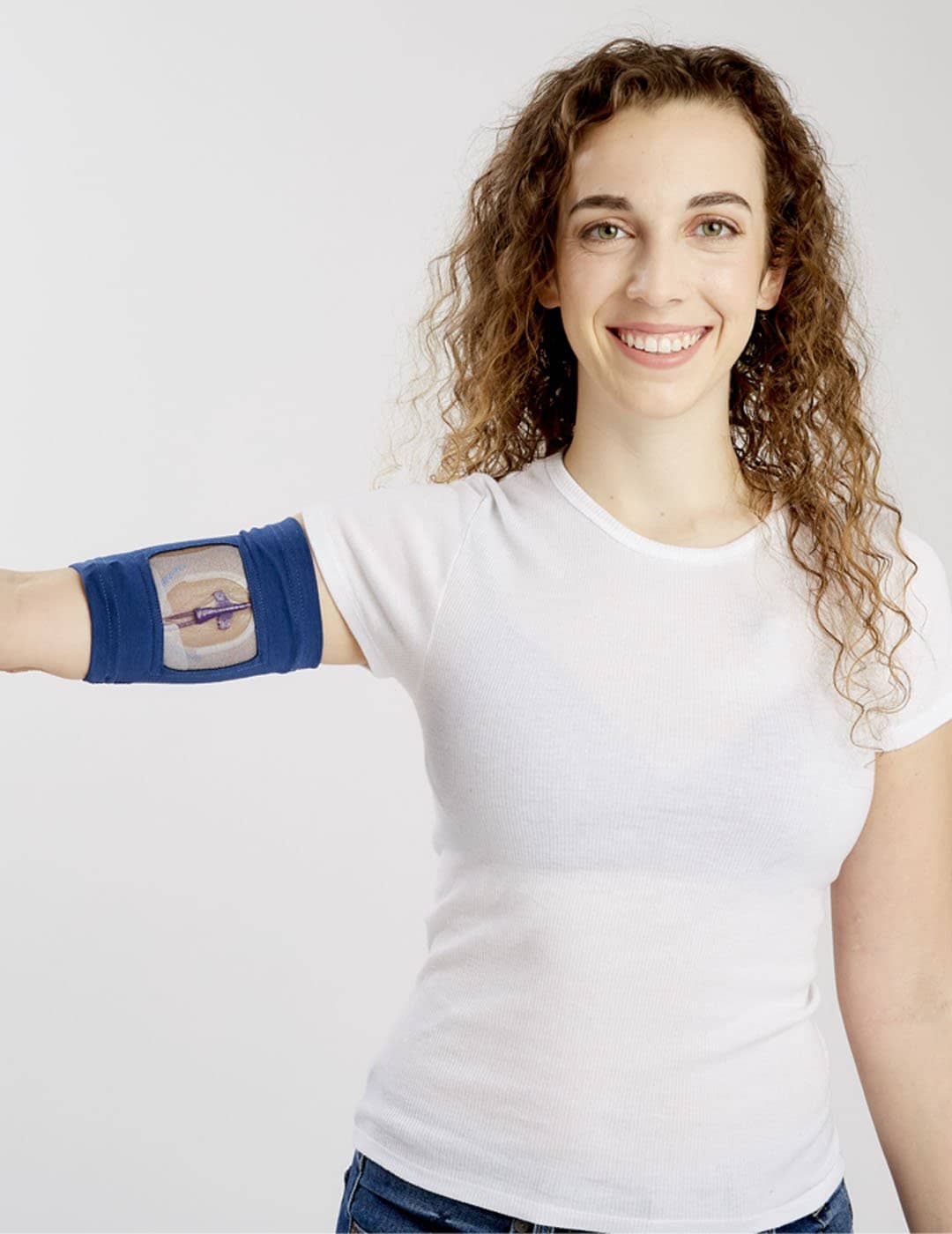 Premium navy-colored PICC Line Cover from Care+Wear, offering reliable PICC line protection with a classic look. Model is wearing size 9&quot;-11&quot; Bicep