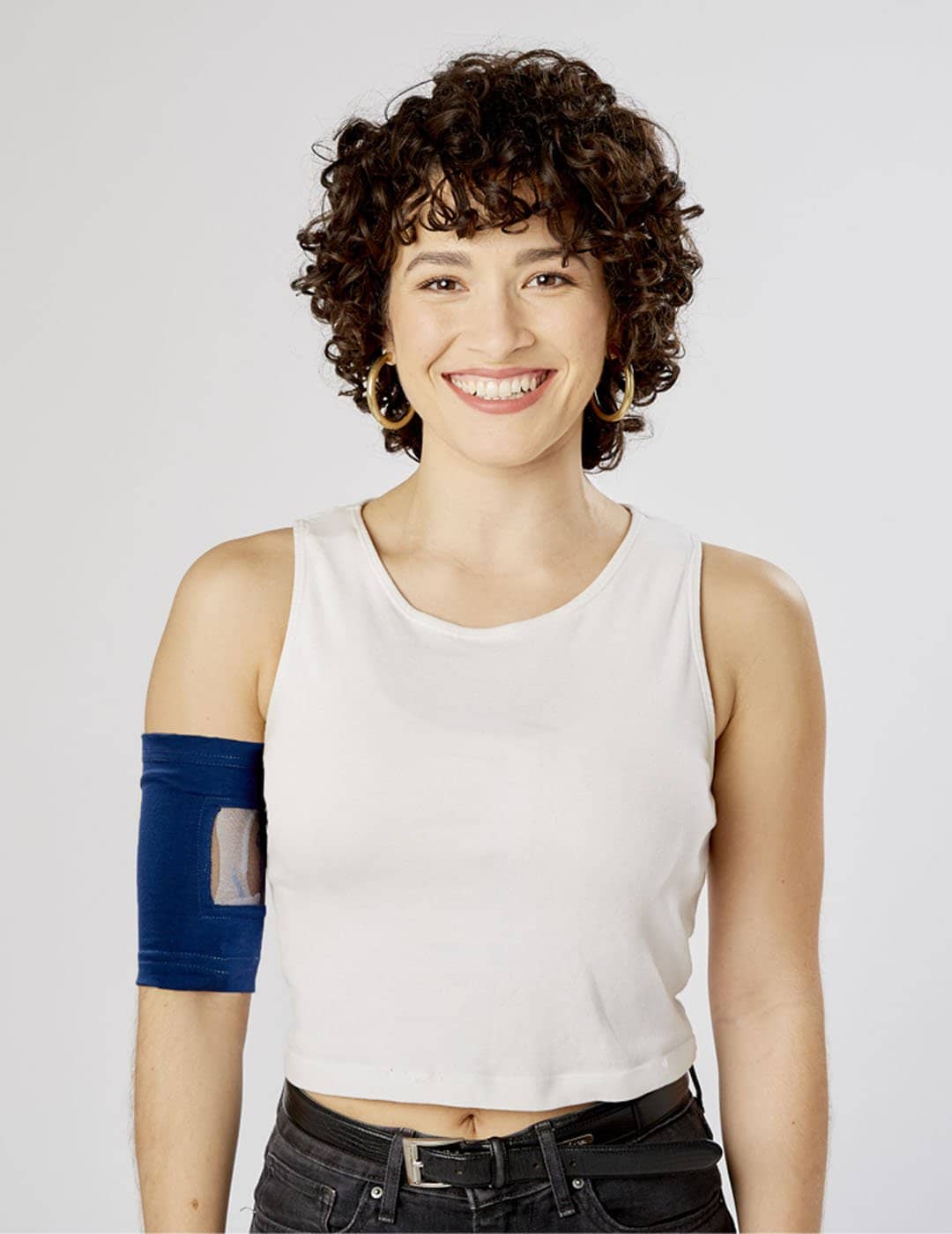 Stylish navy Classic PICC Line Cover from Care+Wear, providing secure, hygienic PICC line care in a professional hue. Model is wearing size 9&quot;-11&quot; Bicep