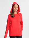 Women's chest port access hoodie in red, designed for warmth and easy medical access