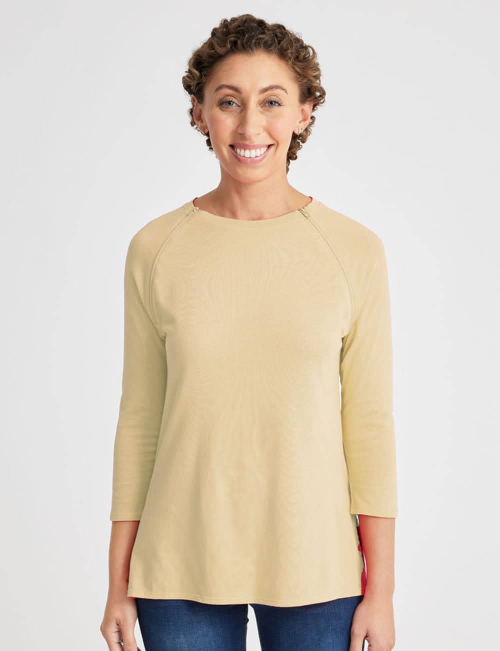 Elegant Nebulas Blue Women&#39;s Chest Port Access Shirt by Care+Wear, designed for comfort, style, and ease of medical access. Model is wearing size Small