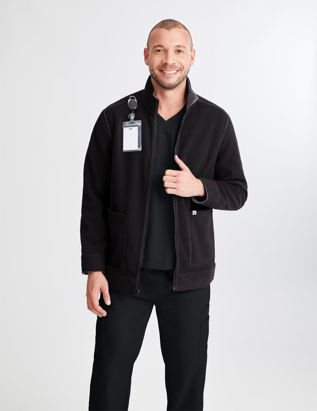 Men&#39;s reversible fleece jacket in black and gray, designed for dual-color versatility and warmth in professional environments