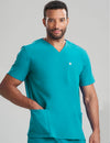 Men's V-neck scrub top in teal, offering vibrant style with comfort and utility for long shifts