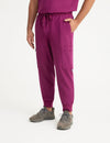Men's jogger scrub pants in burgundy, designed for comfort and practical storage for professional use