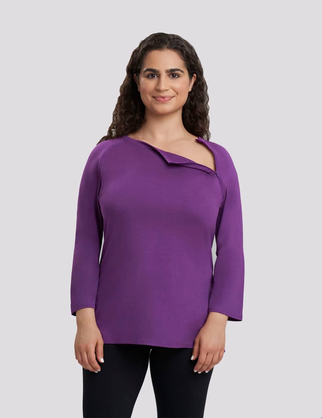 Womens Chest Port Access in Plum. Model is wearing size Small