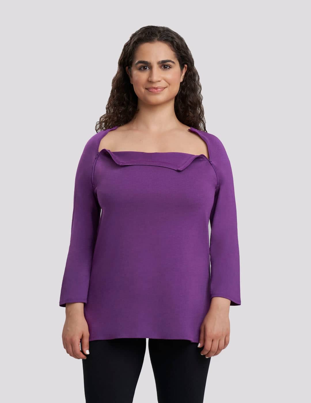 Womens Chest Port Access in Plum. Model is wearing size Small