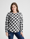Women's chest port access blouse in black and white plaid, combining classic style with medical convenience