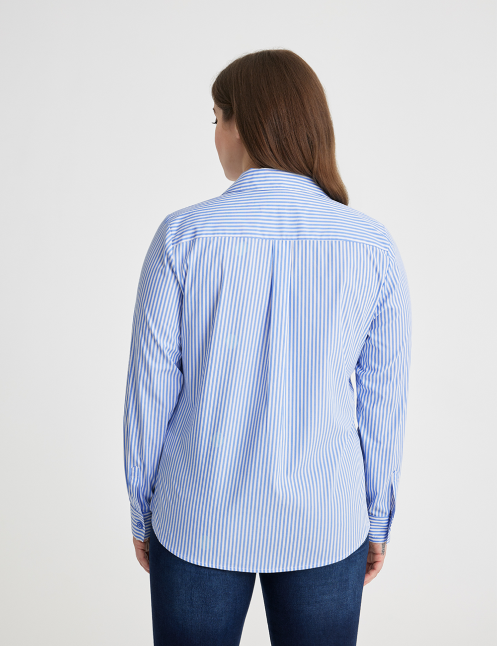 Blue and white striped chest port access shirt, crafted for practicality and a professional appearance.