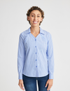 Women's chest port access button-down shirt in blue and white stripe, combining classic style with medical functionality
